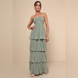 Lulu's Strapless Tiered Sage Dress